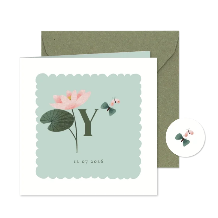 Geboortekaart met geboortebloem juli: waterlelie