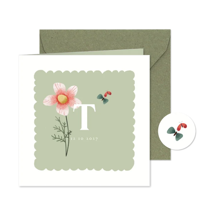 Geboortekaart met geboortebloem oktober: cosmea