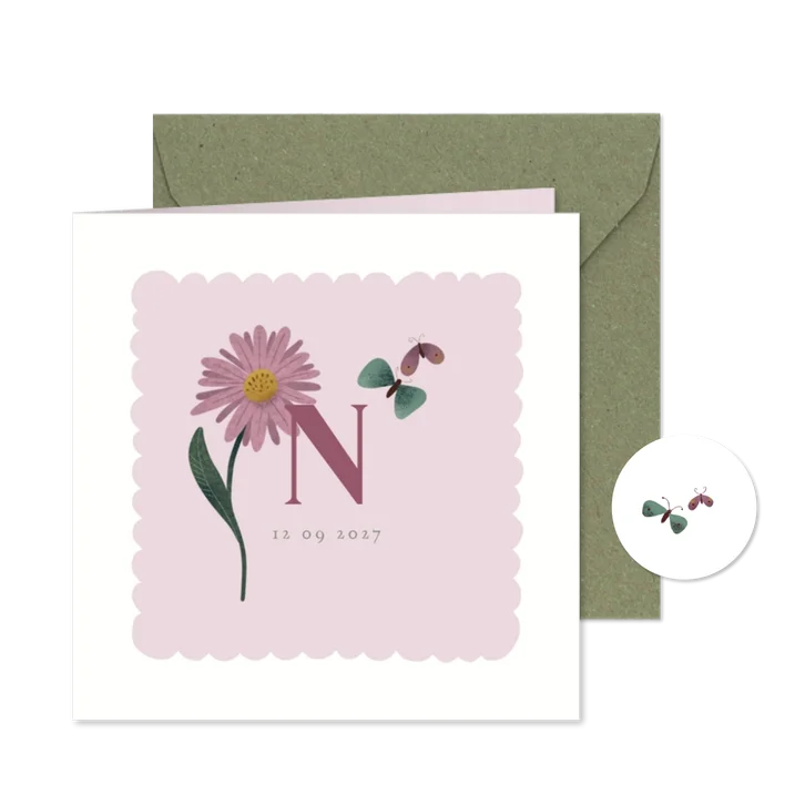 Geboortekaart met geboortebloem september: Aster