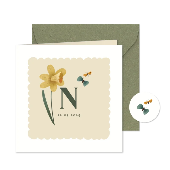 Geboortekaart met geboortebloem van maart: narcis