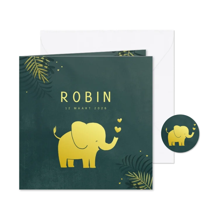Geboortekaart olifant in goudlook 