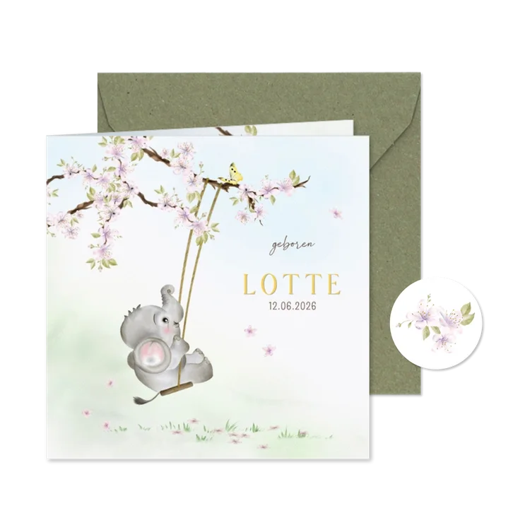 Geboortekaart olifantje op de schommel