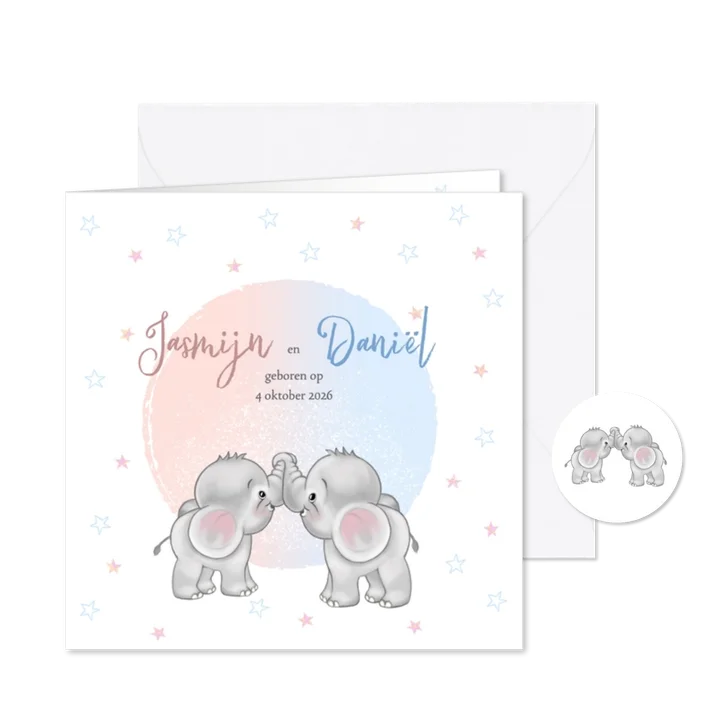 Geboortekaart olifantjes jongen en meisje tweeling