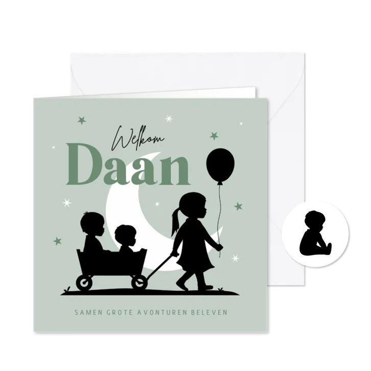 Geboortekaart silhouet jongen broertje derde kind maan mint