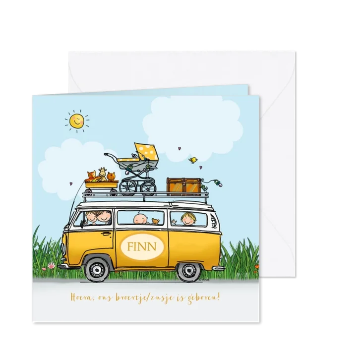 Geboortekaart VW bus geel met broertje