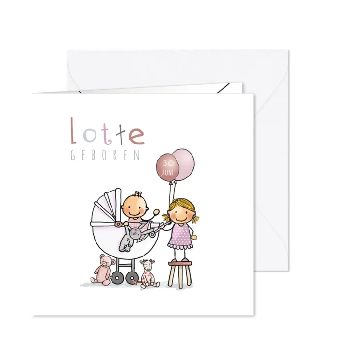 Geboortekaart zusje kinderwagen 