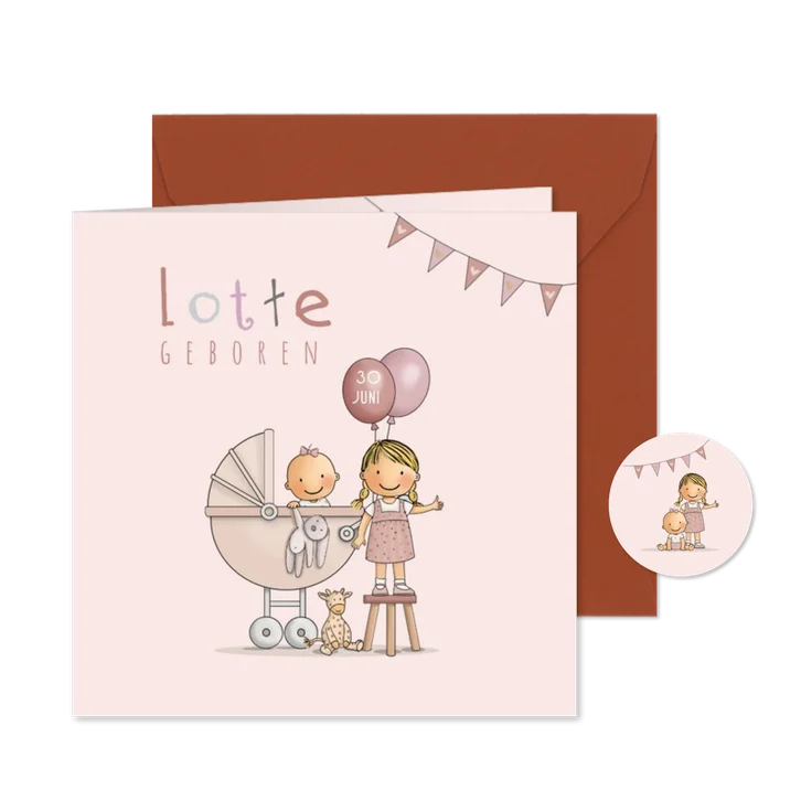 Geboortekaart zusje kinderwagen