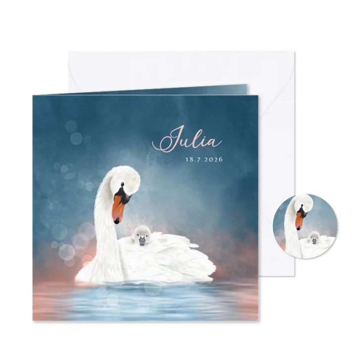 Geboortekaart zwaan met jong zwaantje