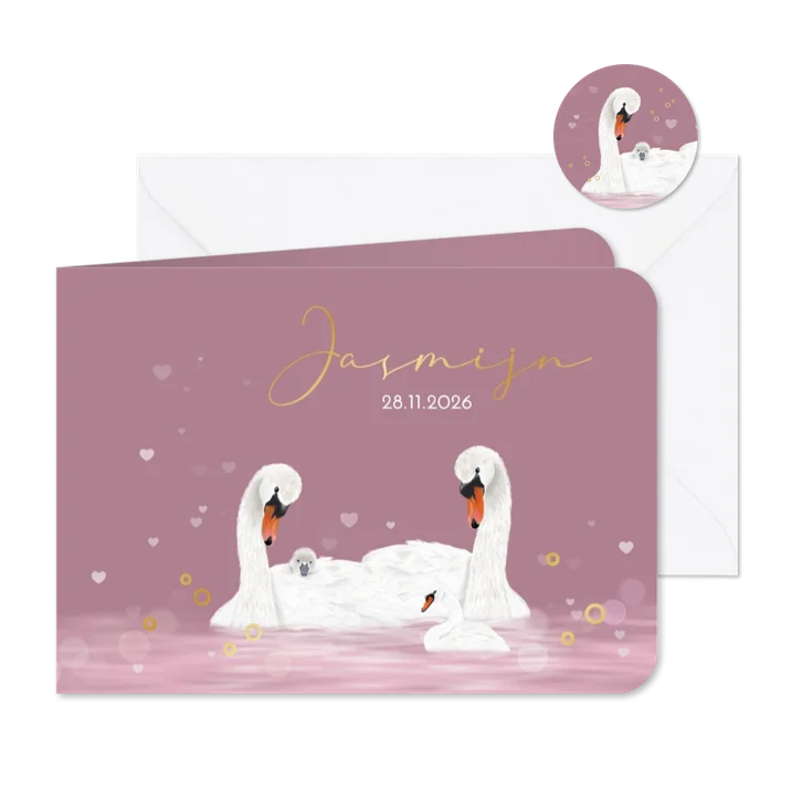 Geboortekaart zwanen groot gezin met roze