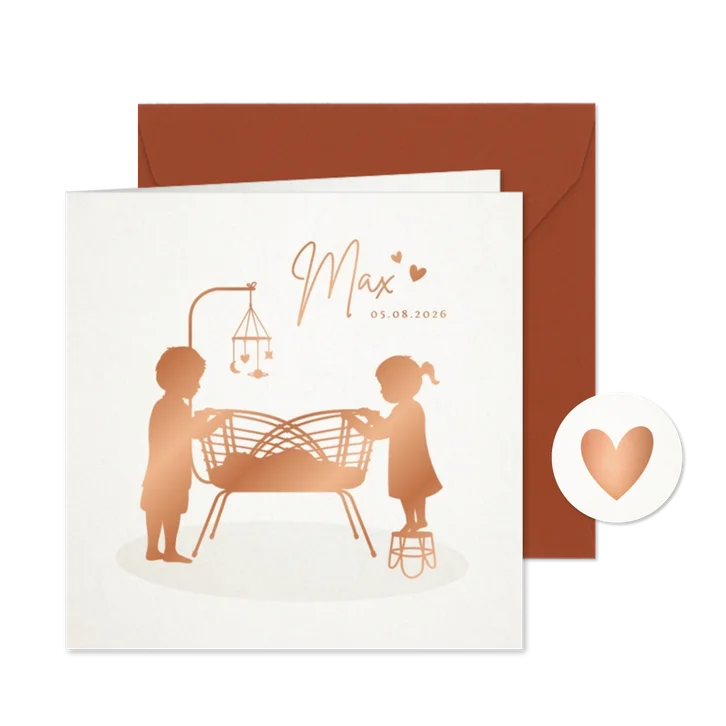 Geboortekaartje 3e kindje met silhouetten bij rotan wiegje