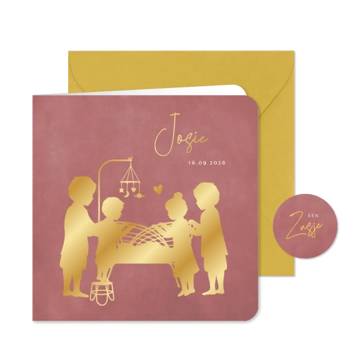 Geboortekaartje 5e kindje met silhouet van gezin en wiegje