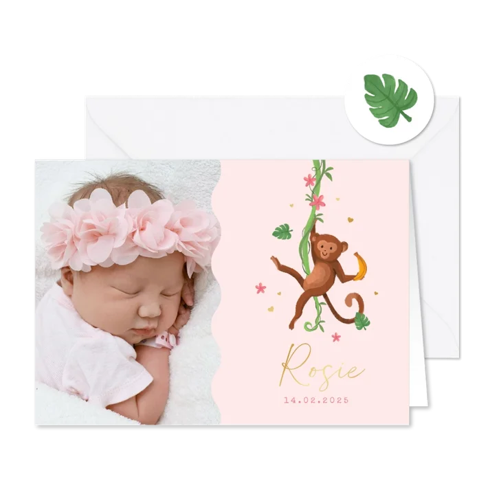 Geboortekaartje aapje jungle meisje bloemen hartjes goud