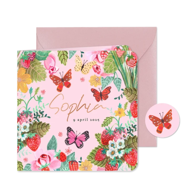 Geboortekaartje aardbeien bloemen vlinder