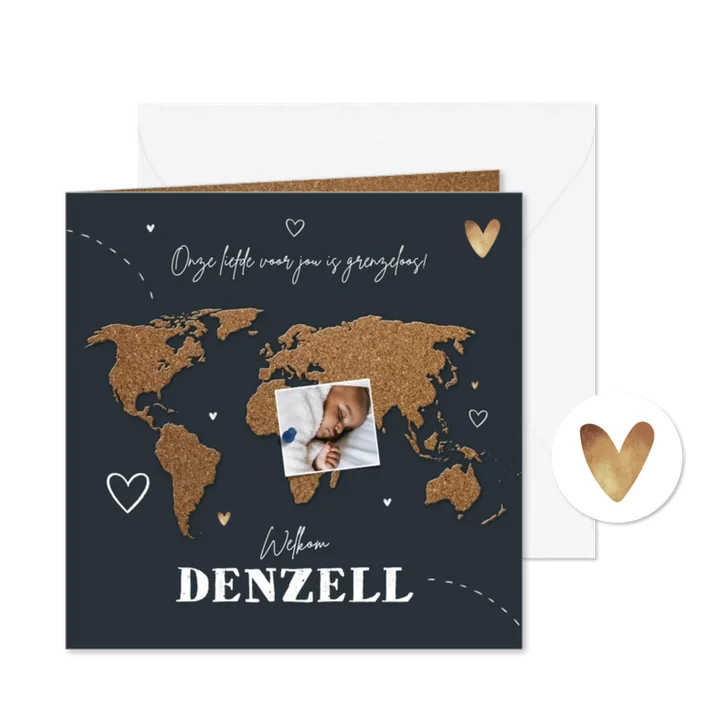 Geboortekaartje adoptie wereldkaart kurk collage hartjes