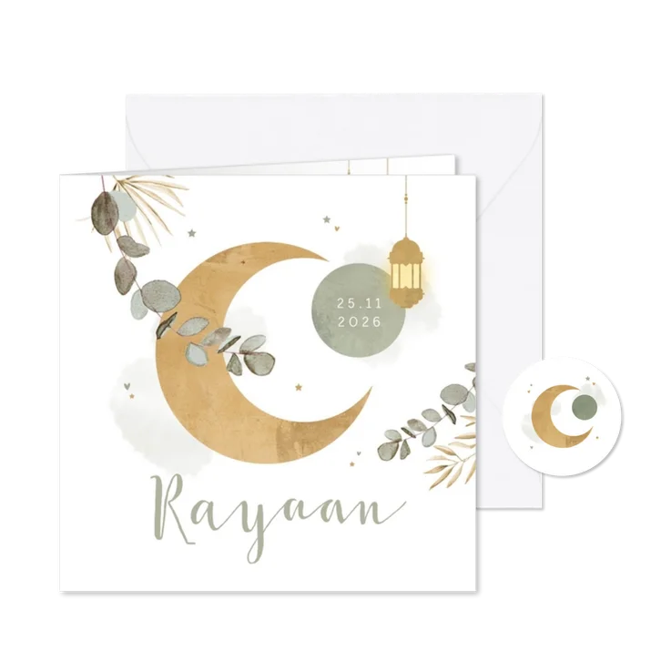 Geboortekaartje Arabisch eucalyptus maan goud sterren
