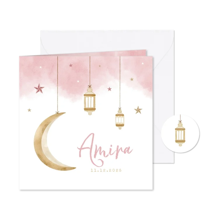 Geboortekaartje Arabisch meisje maan sterren windlichtjes