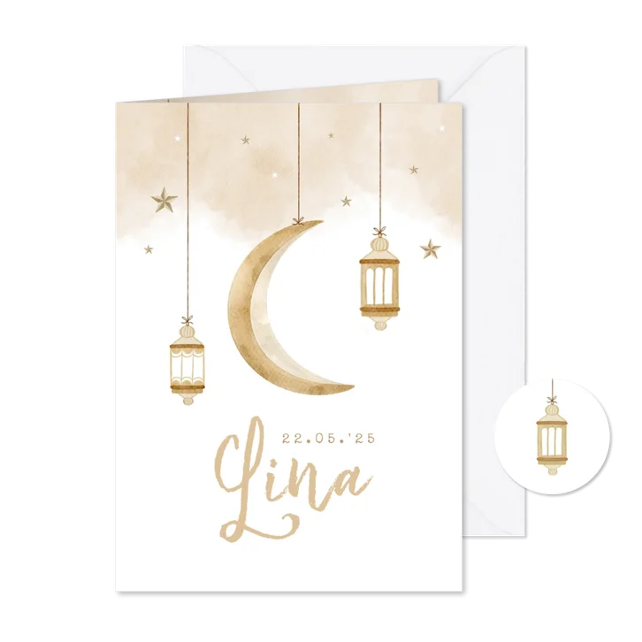 Geboortekaartje Arabisch unisex maan sterren windlicht