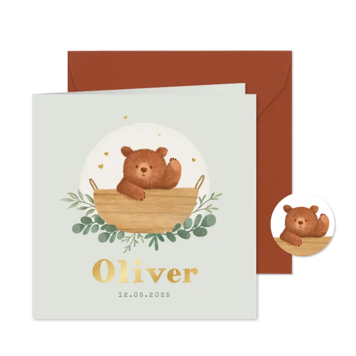 Geboortekaartje baby beertje origineel hartjes goud