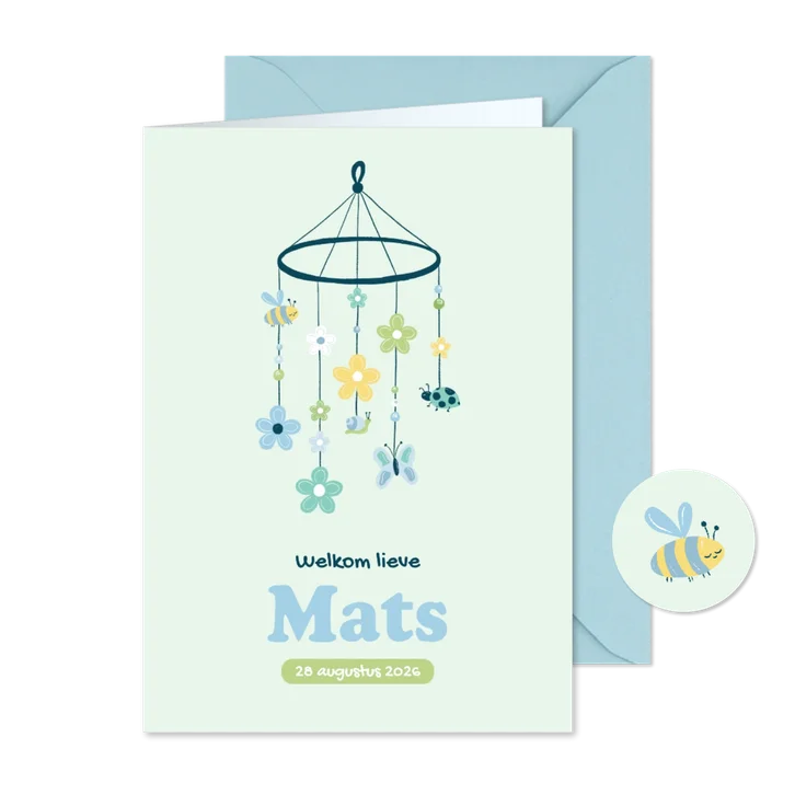 Geboortekaartje babymobiel met bloemen vlinder en bijtje