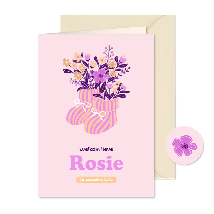 Geboortekaartje babyslofjes met roze en gele bloemen