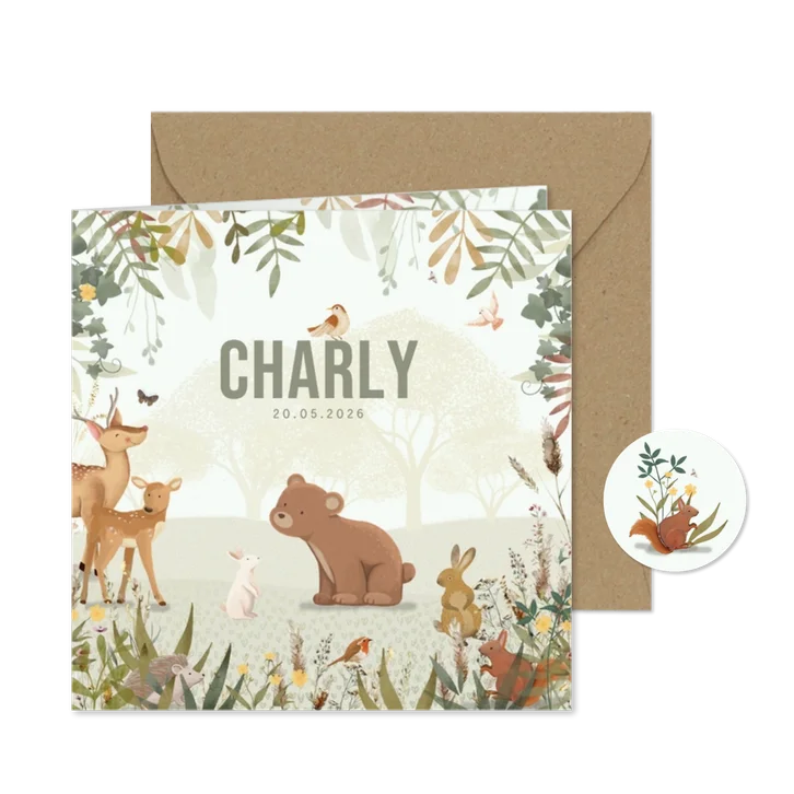 Geboortekaartje beer met takjes en dieren