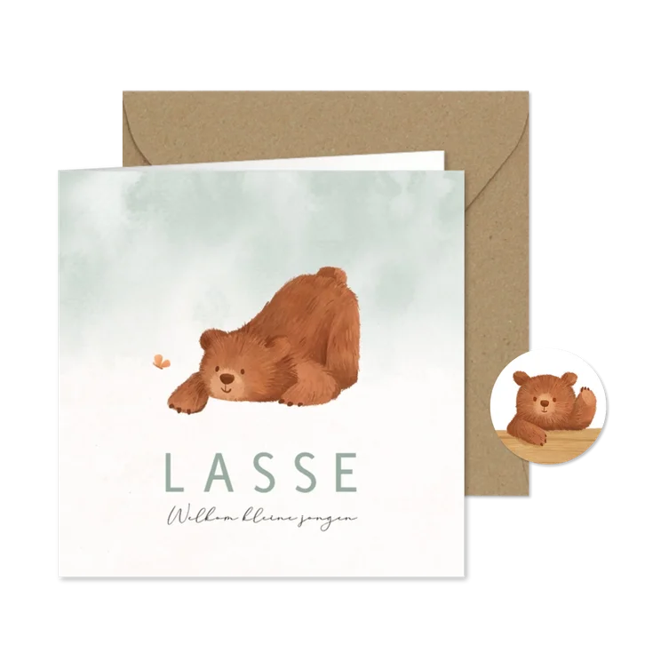 Geboortekaartje beer vlinder waterverf groen lief