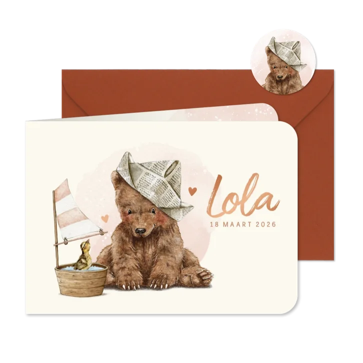 Geboortekaartje beertje en eendje op waterverf achtergrond