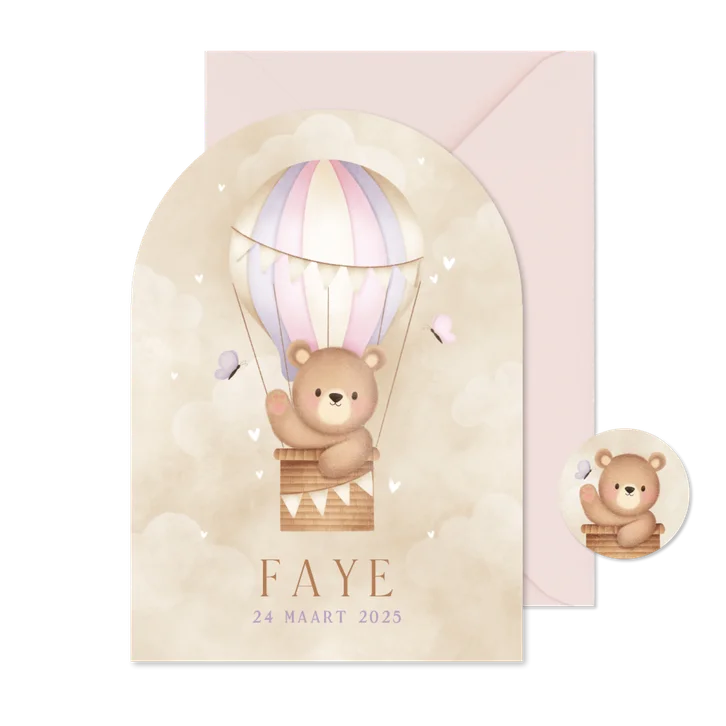 Geboortekaartje beertje in luchtballon vlinders en wolkjes