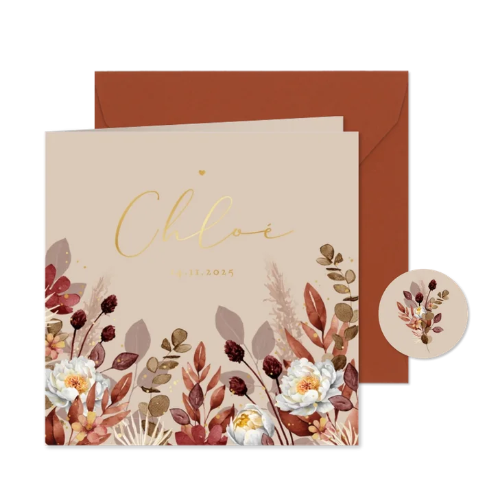 Geboortekaartje beige droogbloemen waterverf zand