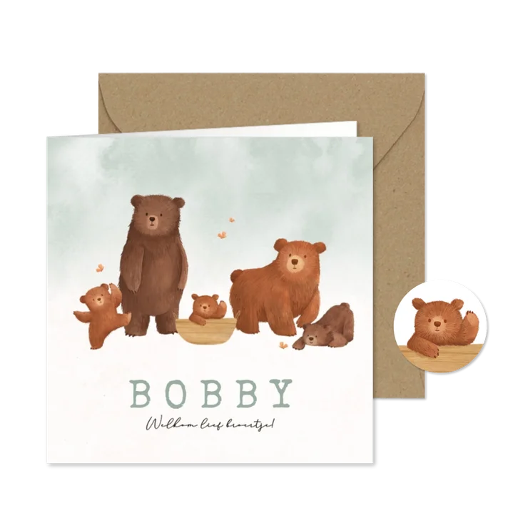 Geboortekaartje beren familie broertje dieren waterverf