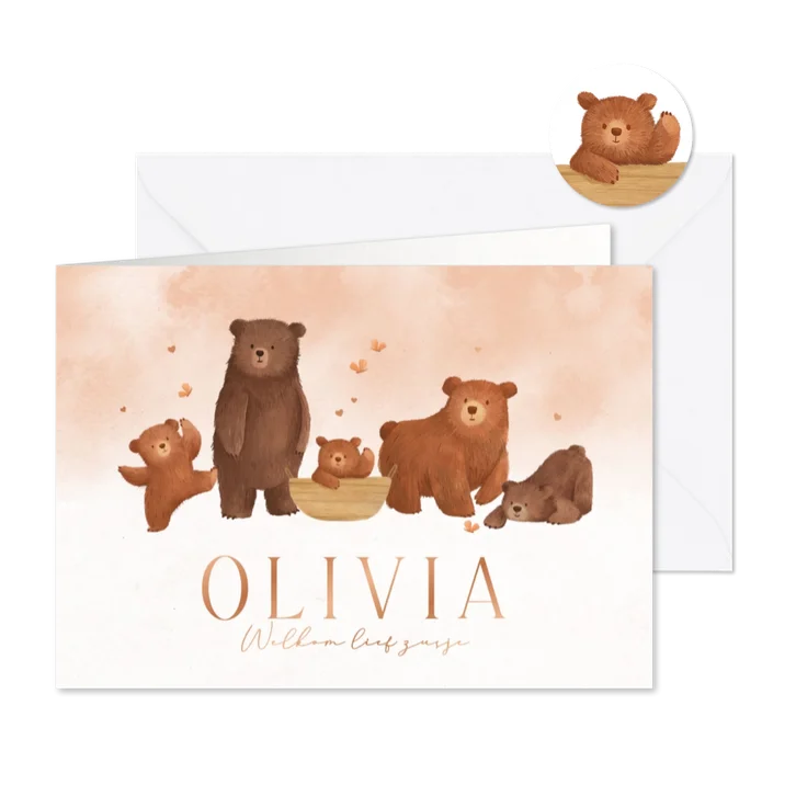 Geboortekaartje beren familie waterverf roze hartjes koper