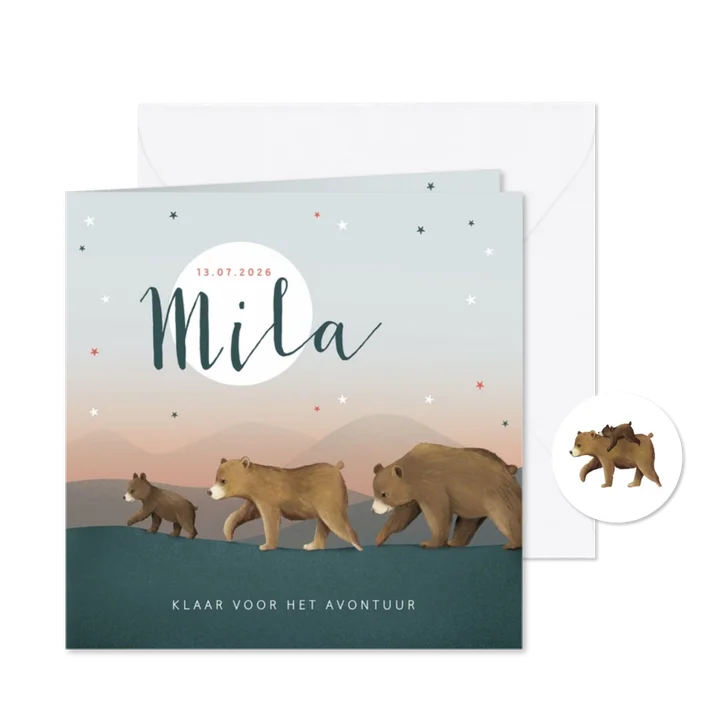 Geboortekaartje berenfamilie illustratie meisje sterren maan