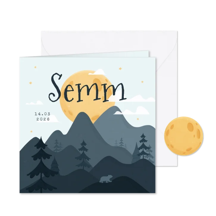Geboortekaartje bergen bomen beer maan jongen