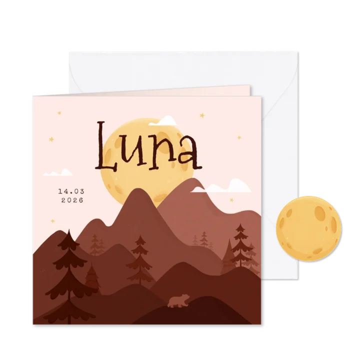 Geboortekaartje bergen bomen beren maan meisje