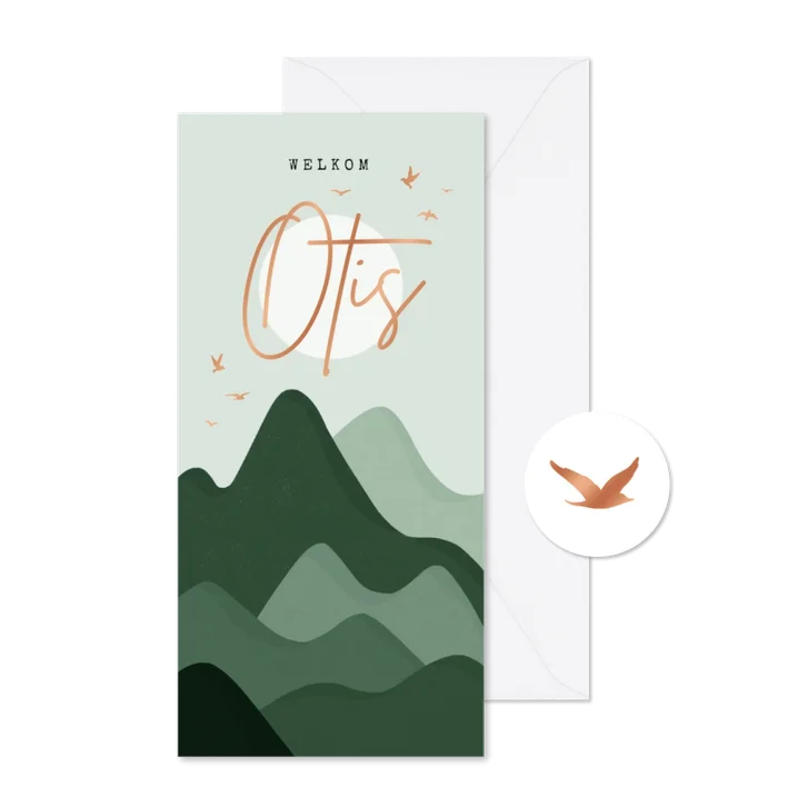 Geboortekaartje bergen maan natuur vogels koperkleur
