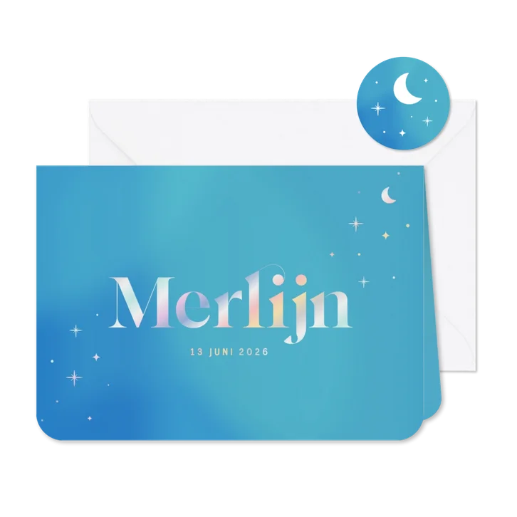 Geboortekaartje blauw met holografische sterretjes