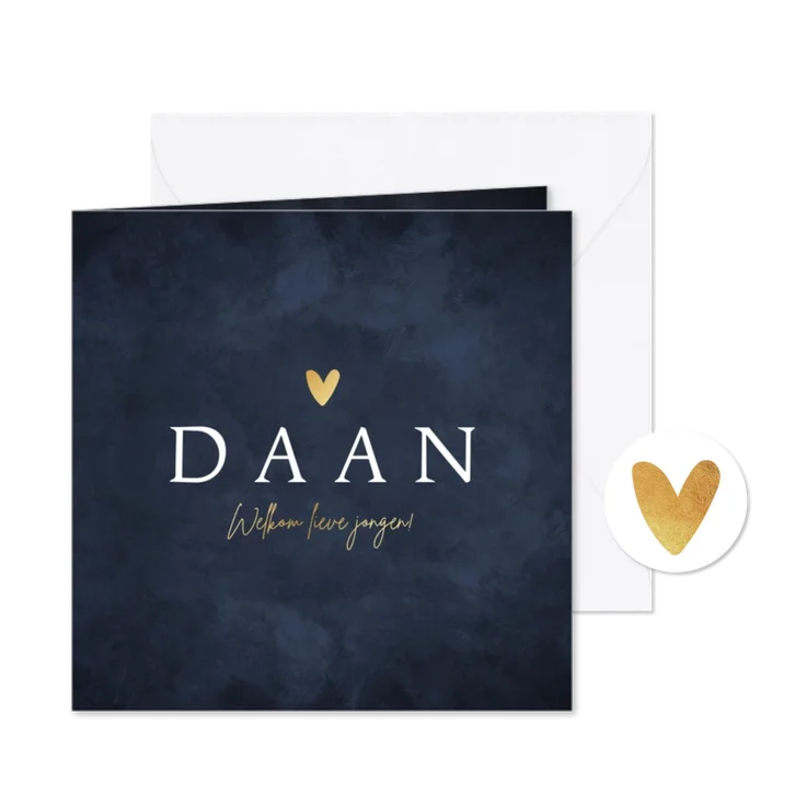 Geboortekaartje blauw stijlvol goud hartje jongen