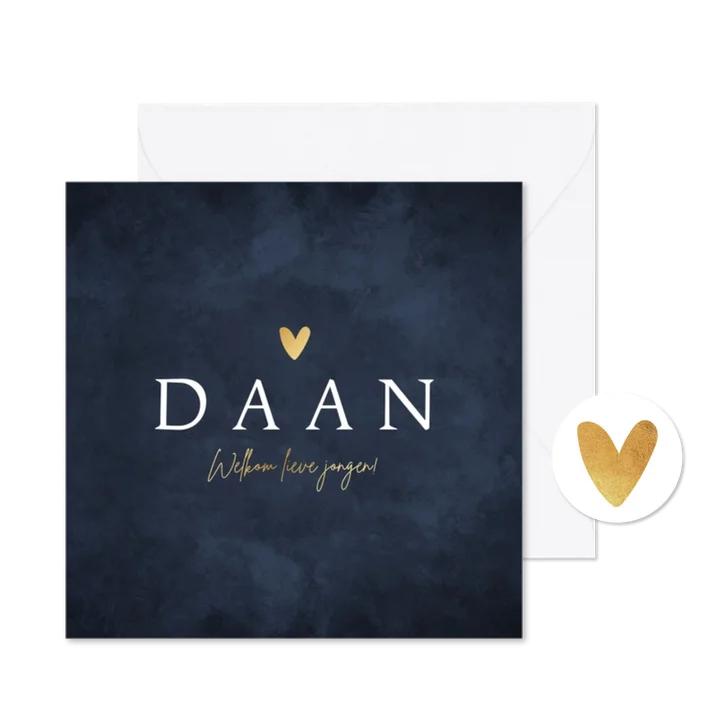 Geboortekaartje blauw stijlvol goud hartje jongen