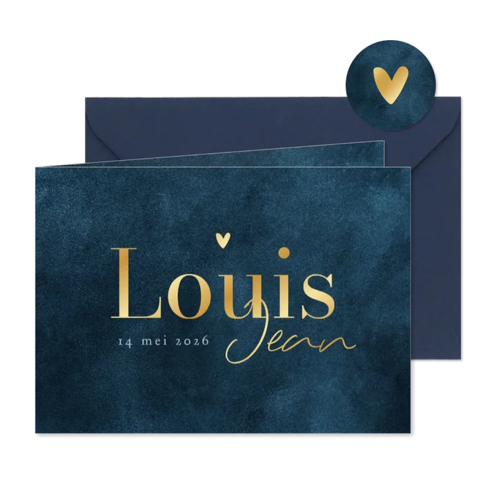 Geboortekaartje blauw stijlvol hartje goud