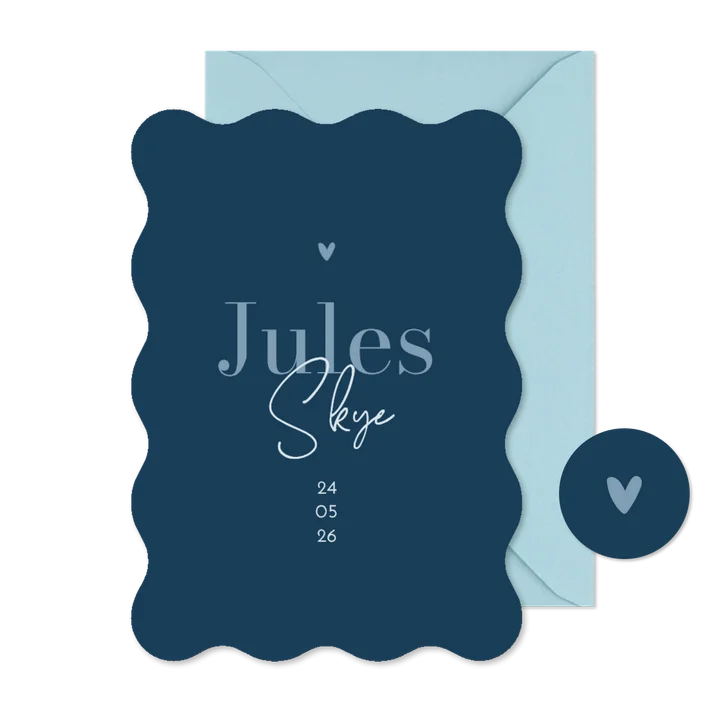 Geboortekaartje blauw wave vorm stijlvol jongen hartje