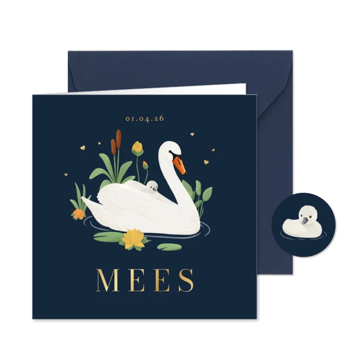 Geboortekaartje blauw zwaan waterlelie groen stijlvol goud