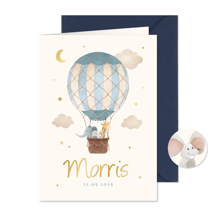 Geboortekaartje blauwe luchtballon dieren vintage sterren