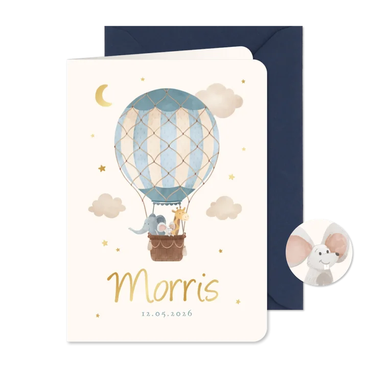 Geboortekaartje blauwe luchtballon dieren vintage sterren