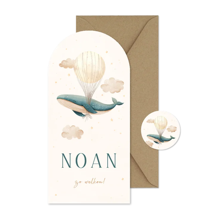  Geboortekaartje blauwe walvis boog met sterren en maan