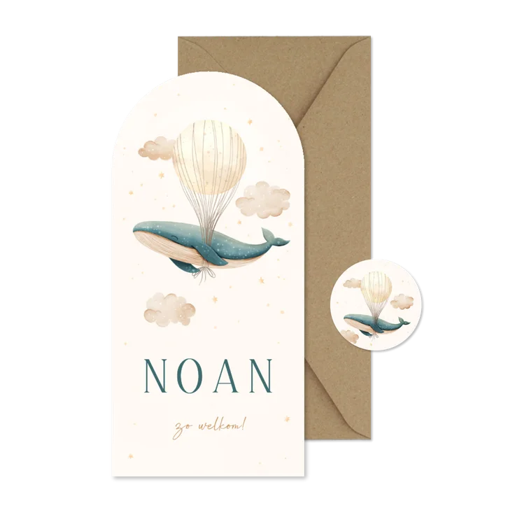  Geboortekaartje blauwe walvis boog met sterren en maan