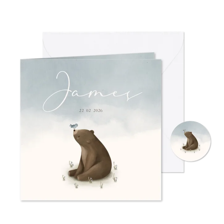 Geboortekaartje blauwe waterverf beer en vogeltje