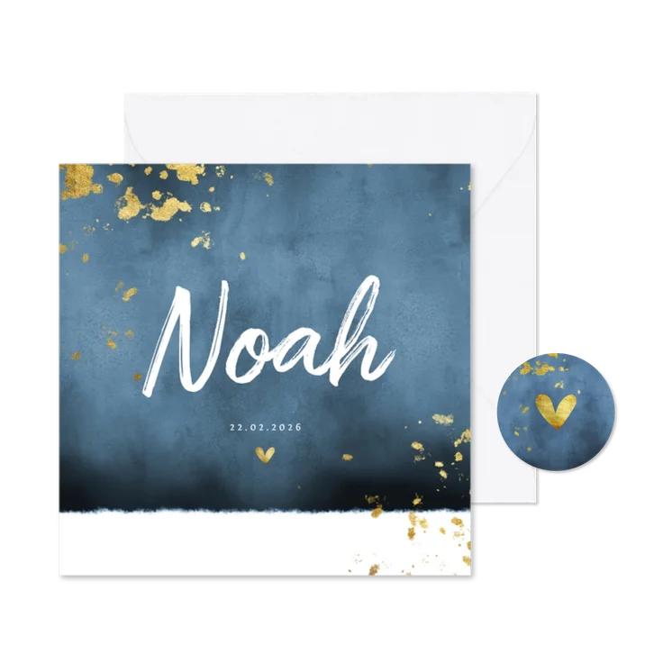 Geboortekaartje blauwe waterverf gouden spetters