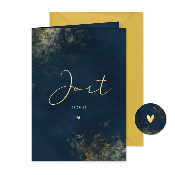 Geboortekaartje blauwe waterverf met gouden poeder