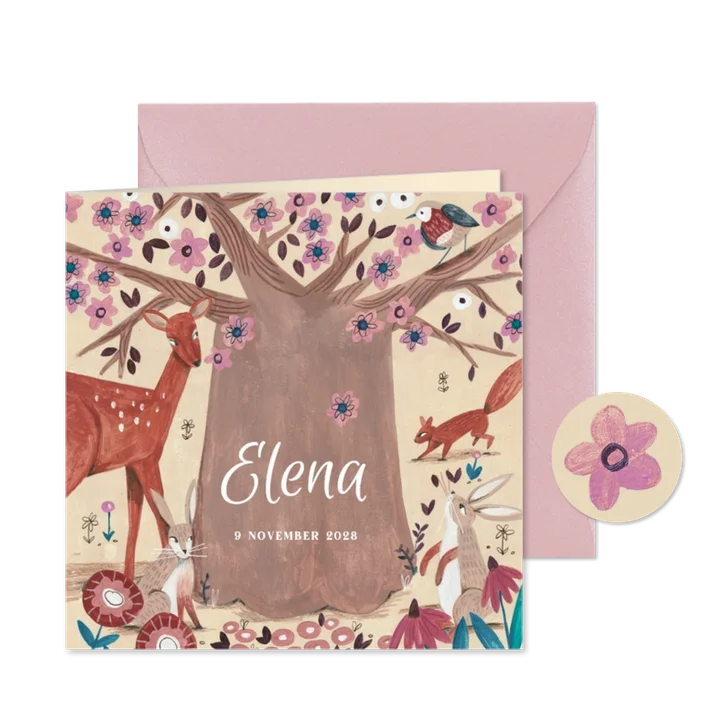 Geboortekaartje bloemen boom in dieren bos roze