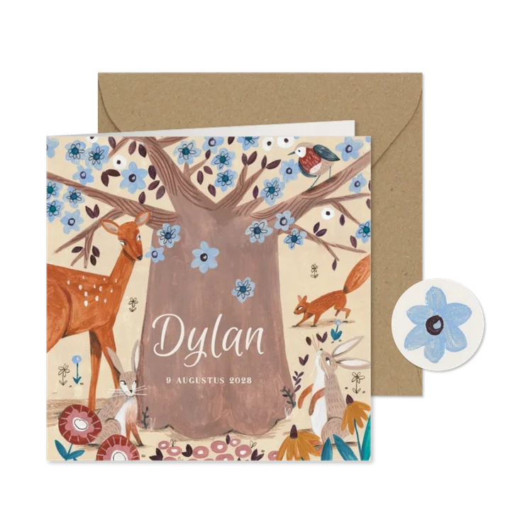 Geboortekaartje bloemen boom in dieren bos